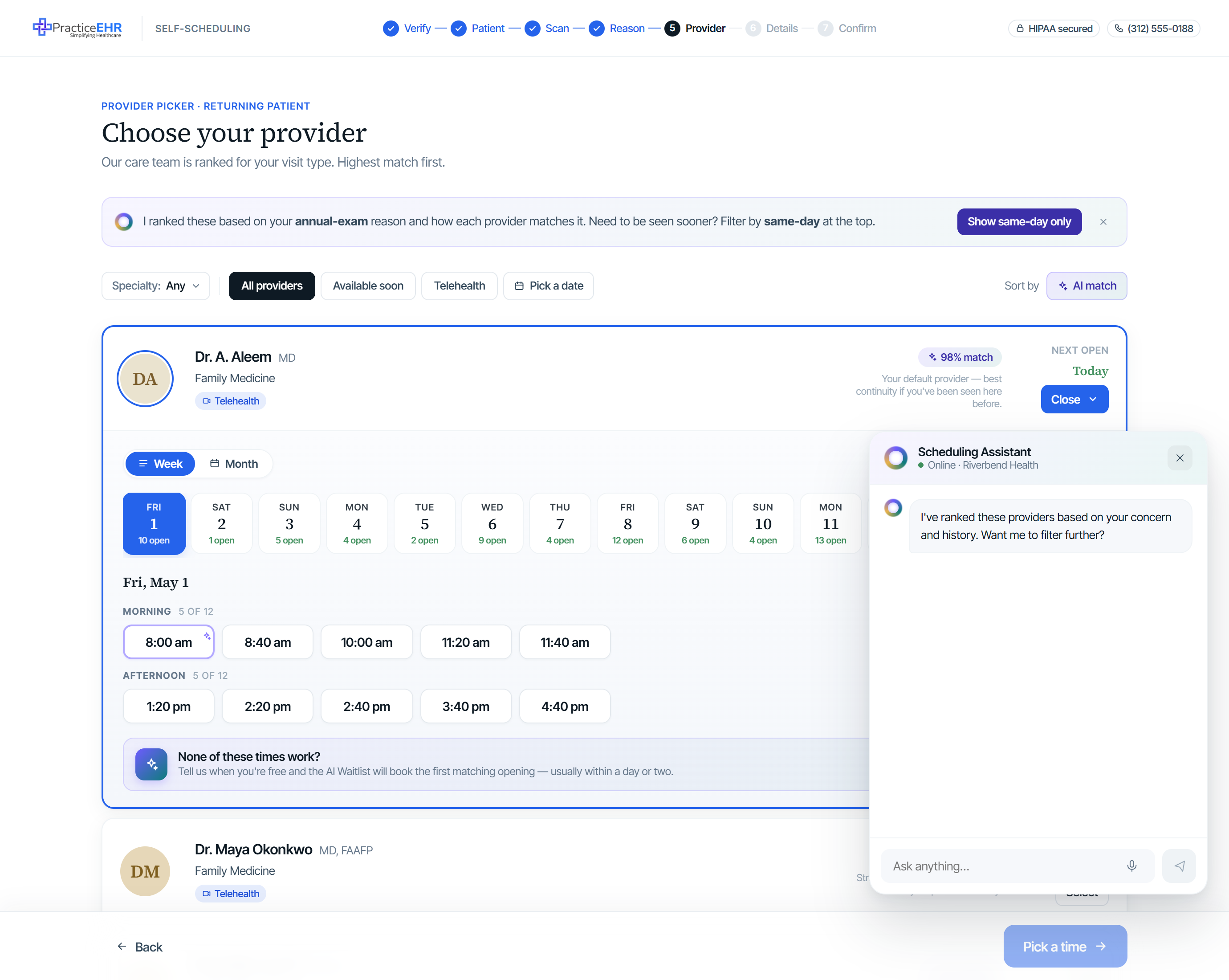 AI Assist chat panel open in the bottom-right of the booking screen with quick prompts and message history