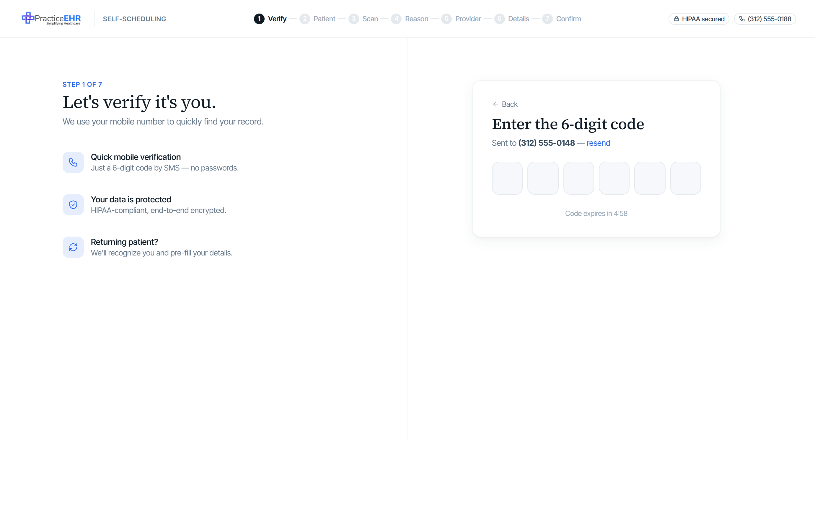 6-digit code entry screen with Back link, resend, and 5-minute expiry timer