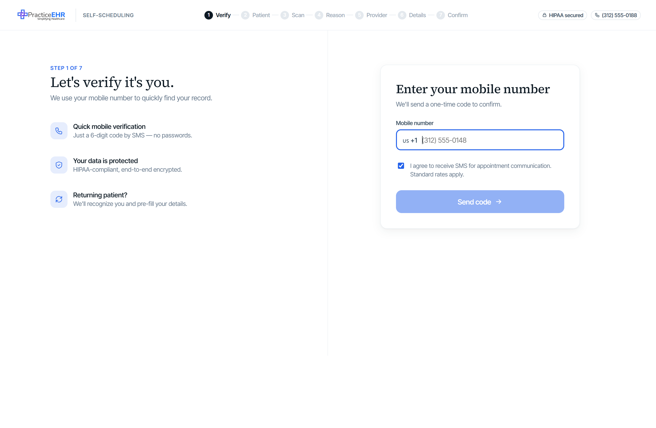 Phone verification screen with number input and 6-digit code boxes