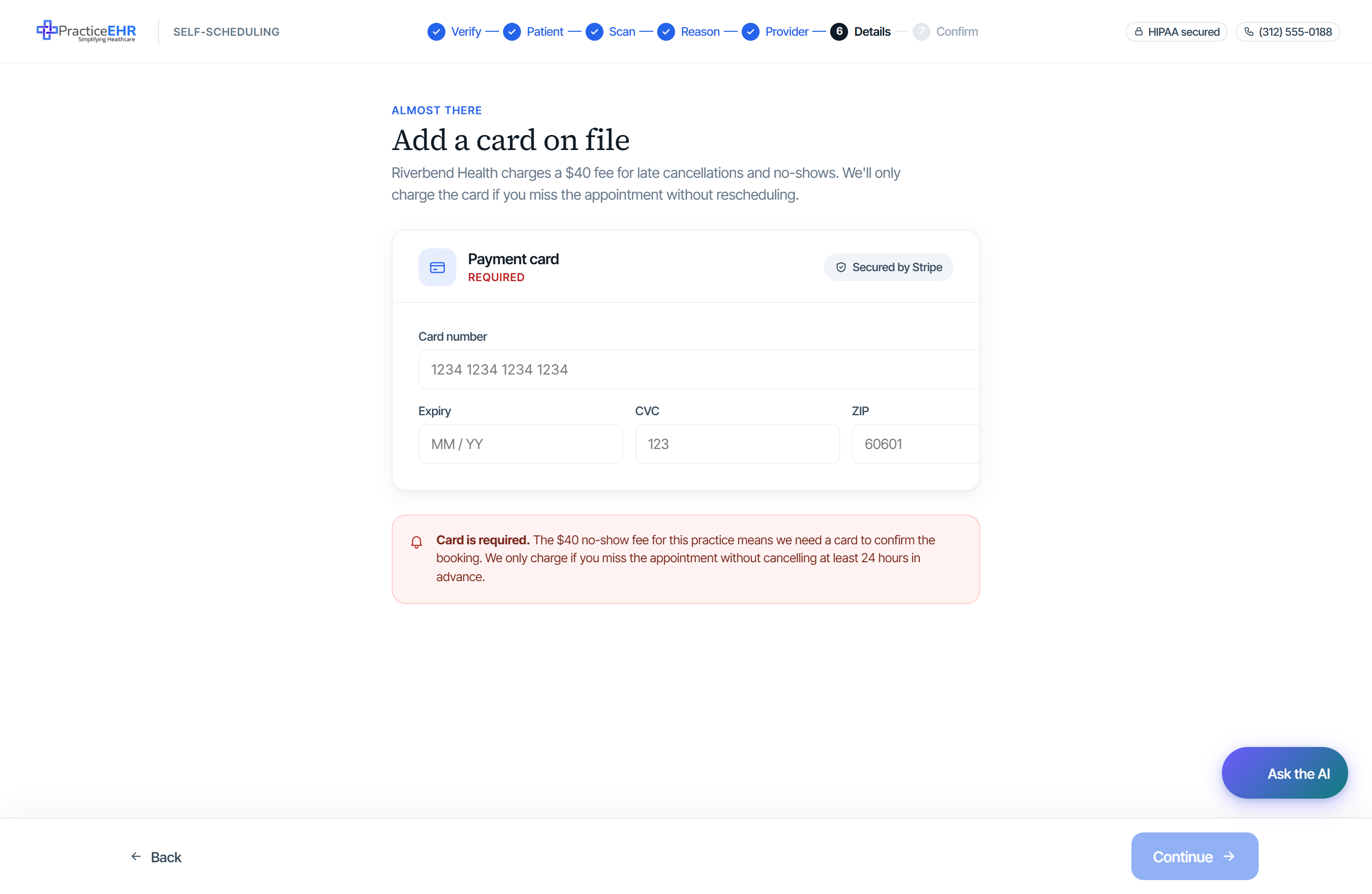 Card on file step — card number, expiry, CVC, ZIP inputs with Required badge when a no-show fee is set