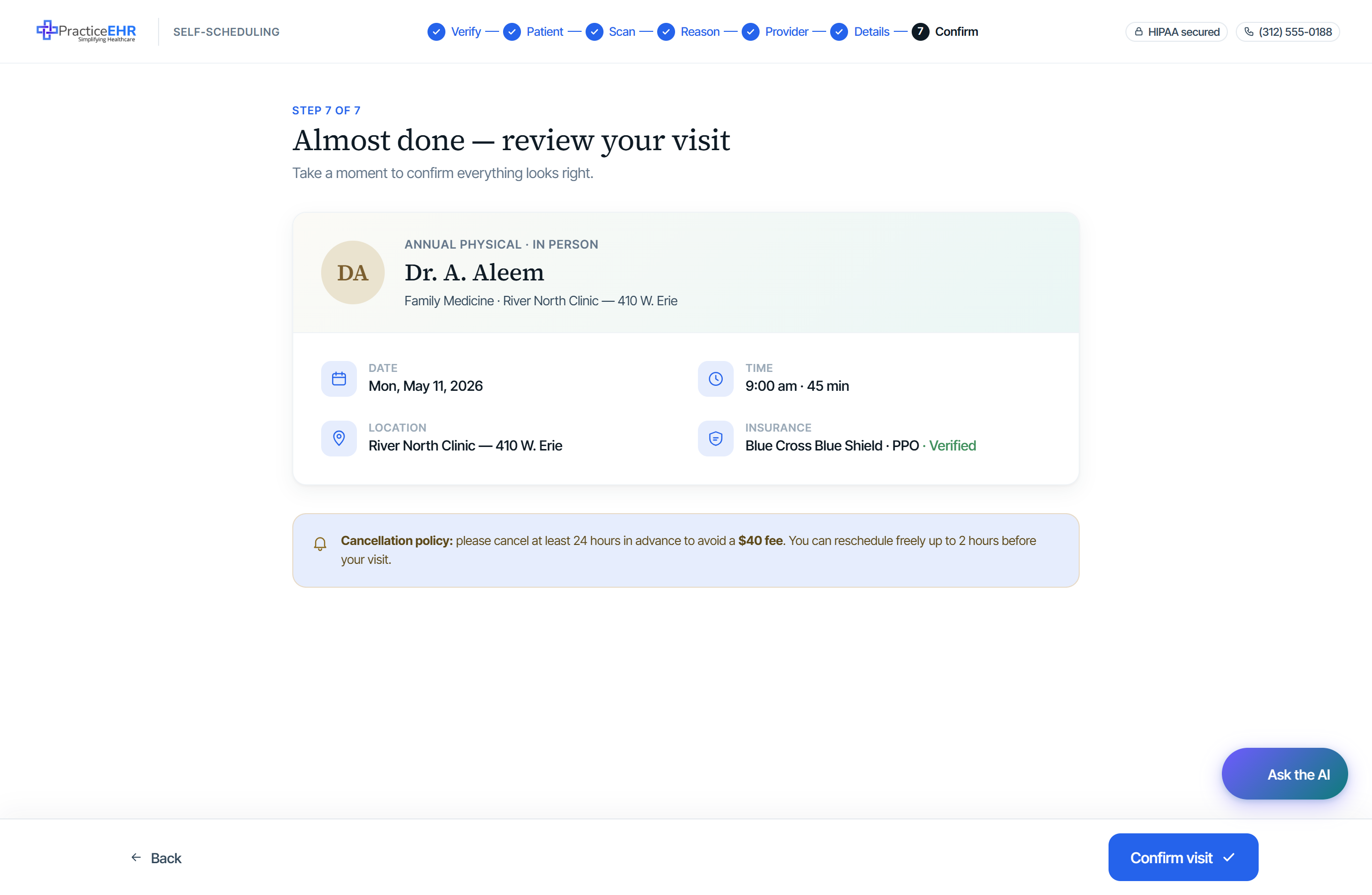 Confirm visit summary card with provider, time, mode, reason, insurance, price