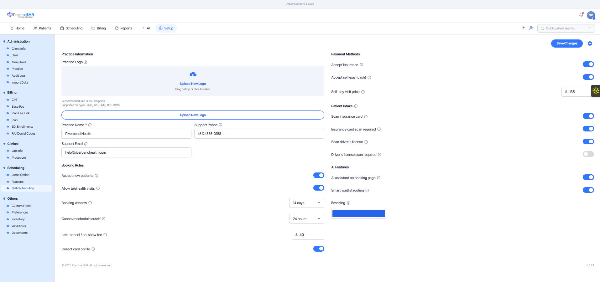 Practice EHR setup page for Self-Scheduling — practice info, booking rules, payment, AI features, branding