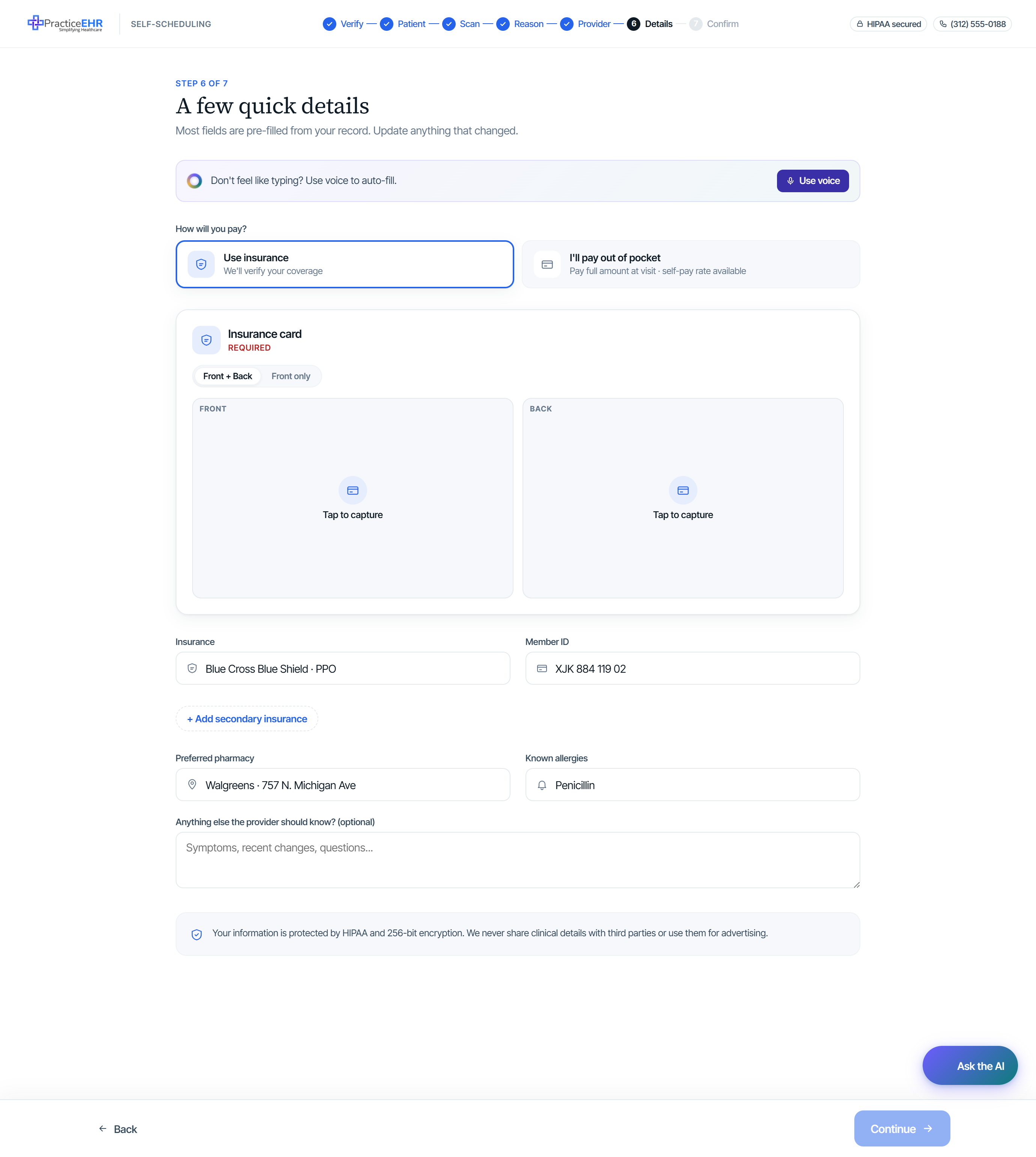 Visit details / intake form with insurance, pharmacy and reason-specific question
