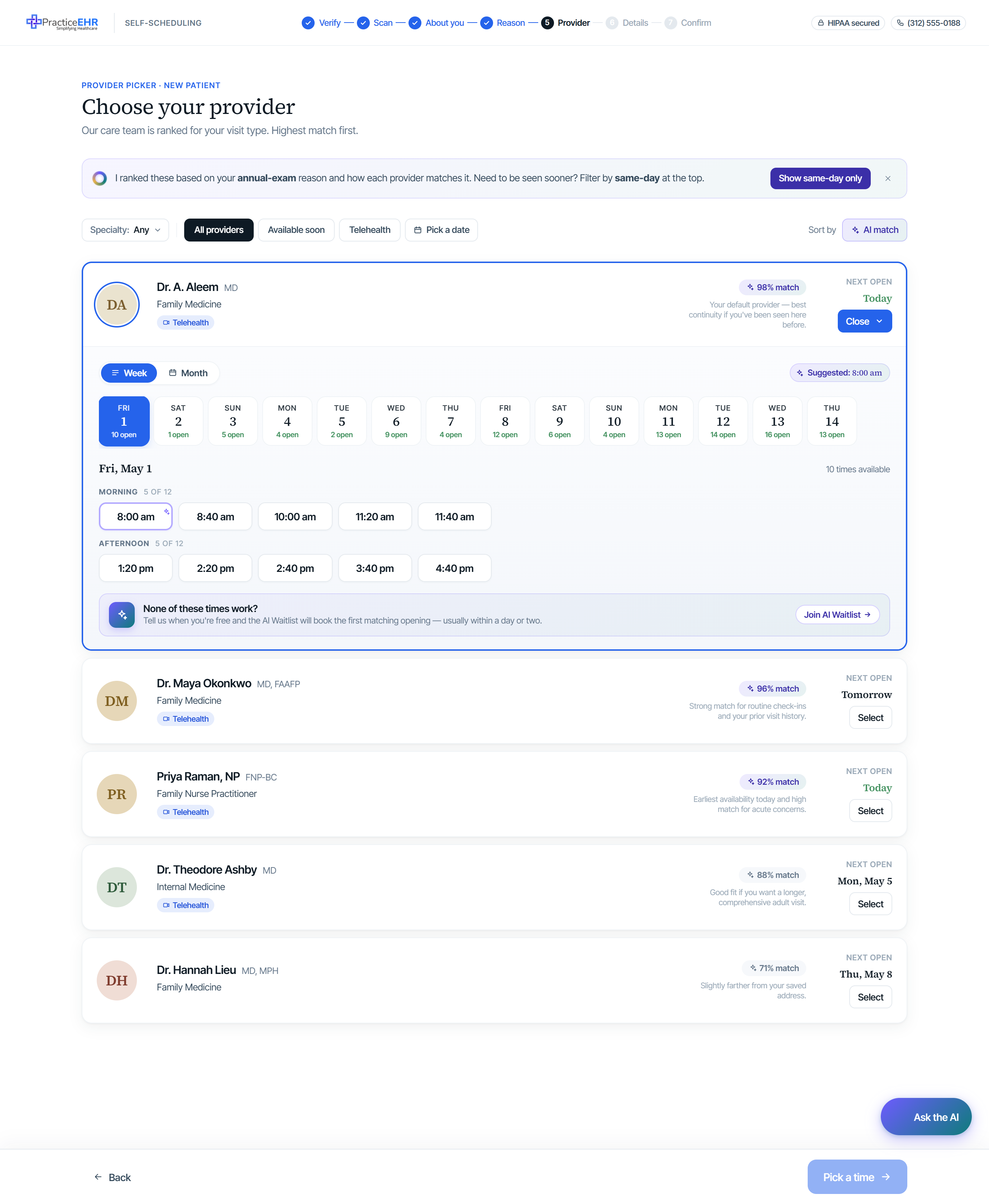 Provider picker with date filter, inline expand-to-pick-time, week / month tabs, AI suggestion, and waitlist CTA