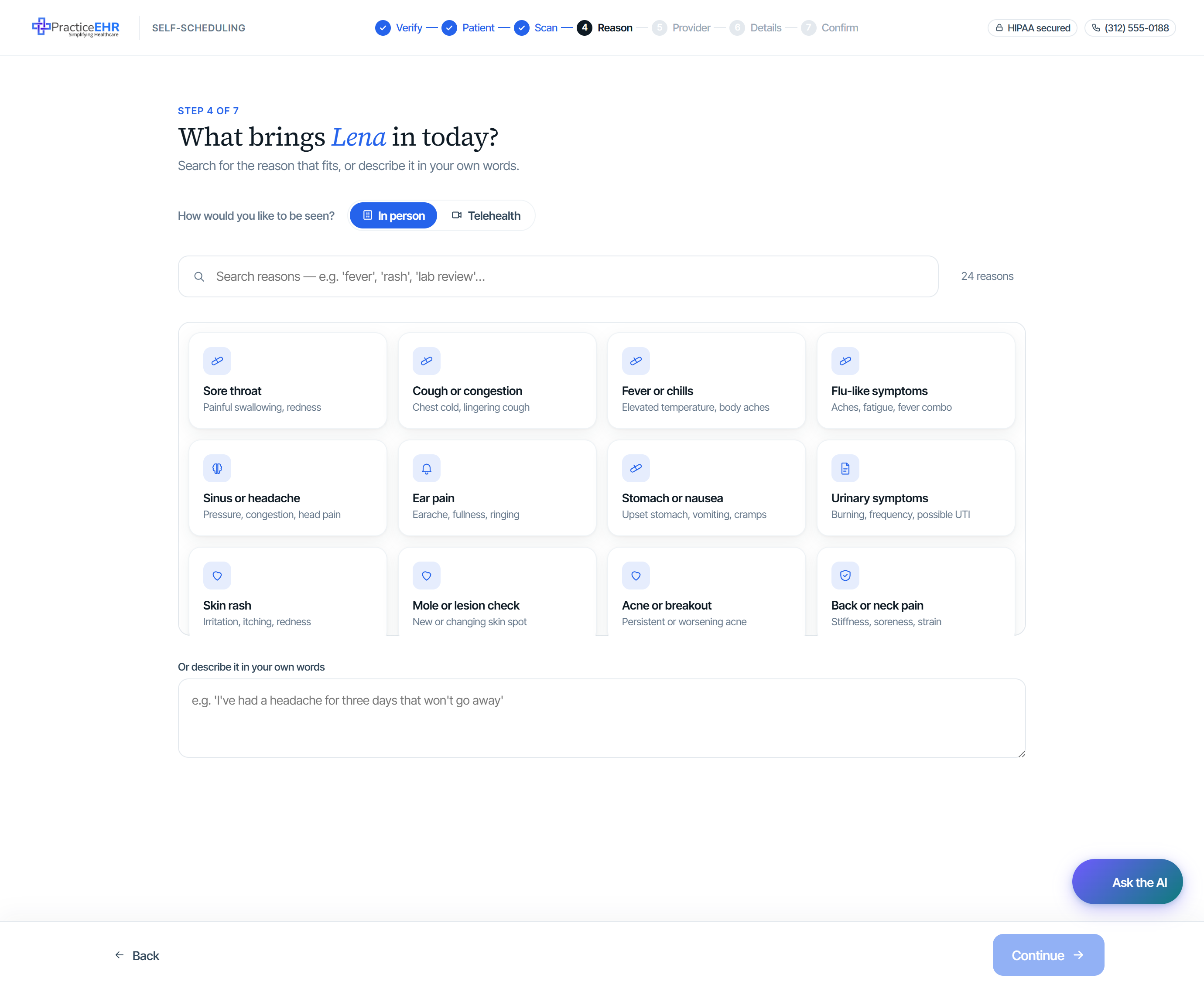 Reason for visit picker with search, free-text fallback, and In-person / Telehealth toggle