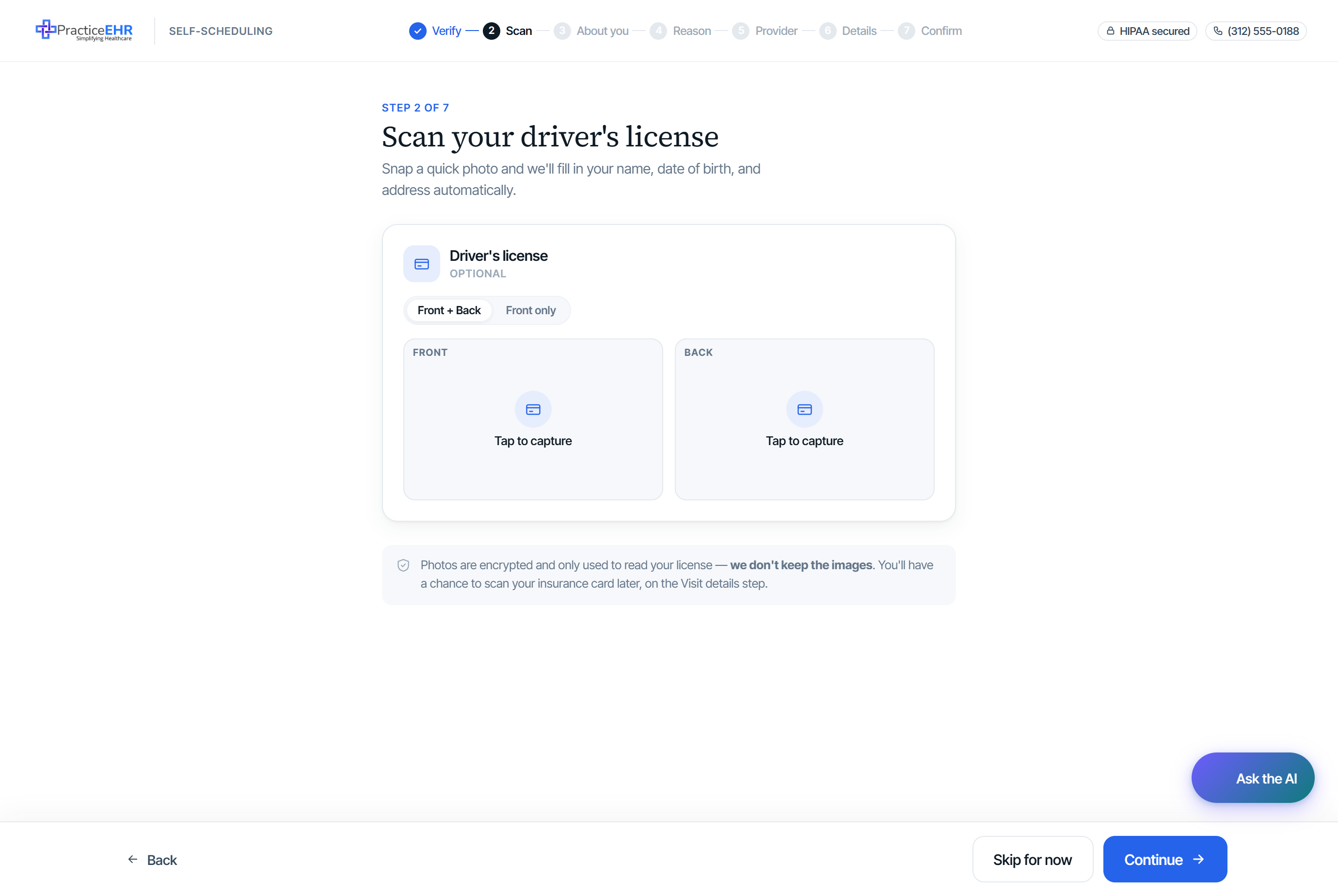 Scan driver's license screen — single capture block with Front + Back / Front only toggle