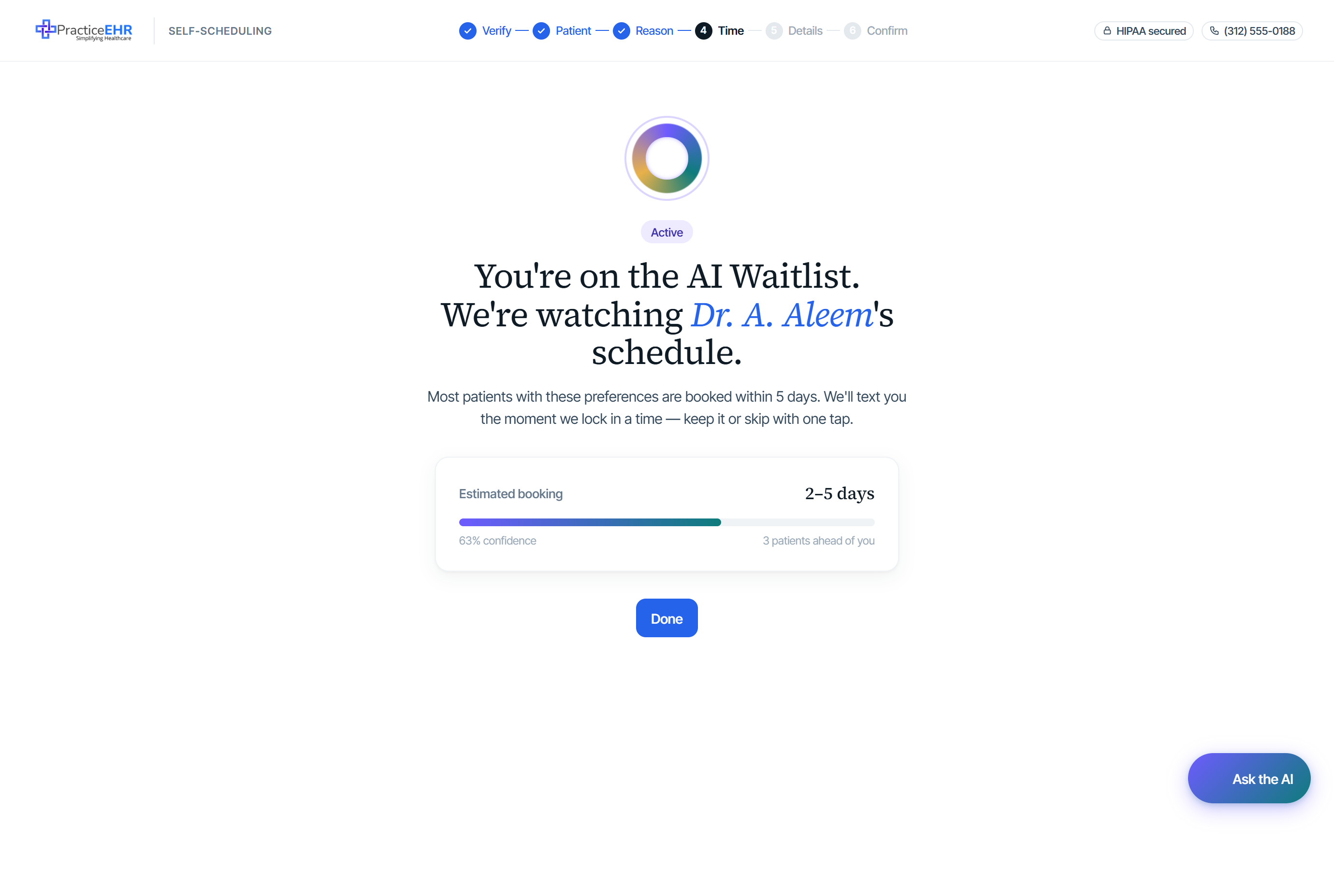 AI waitlist activated confirmation — pulsing AI orb, Active pill, estimated booking, confidence bar