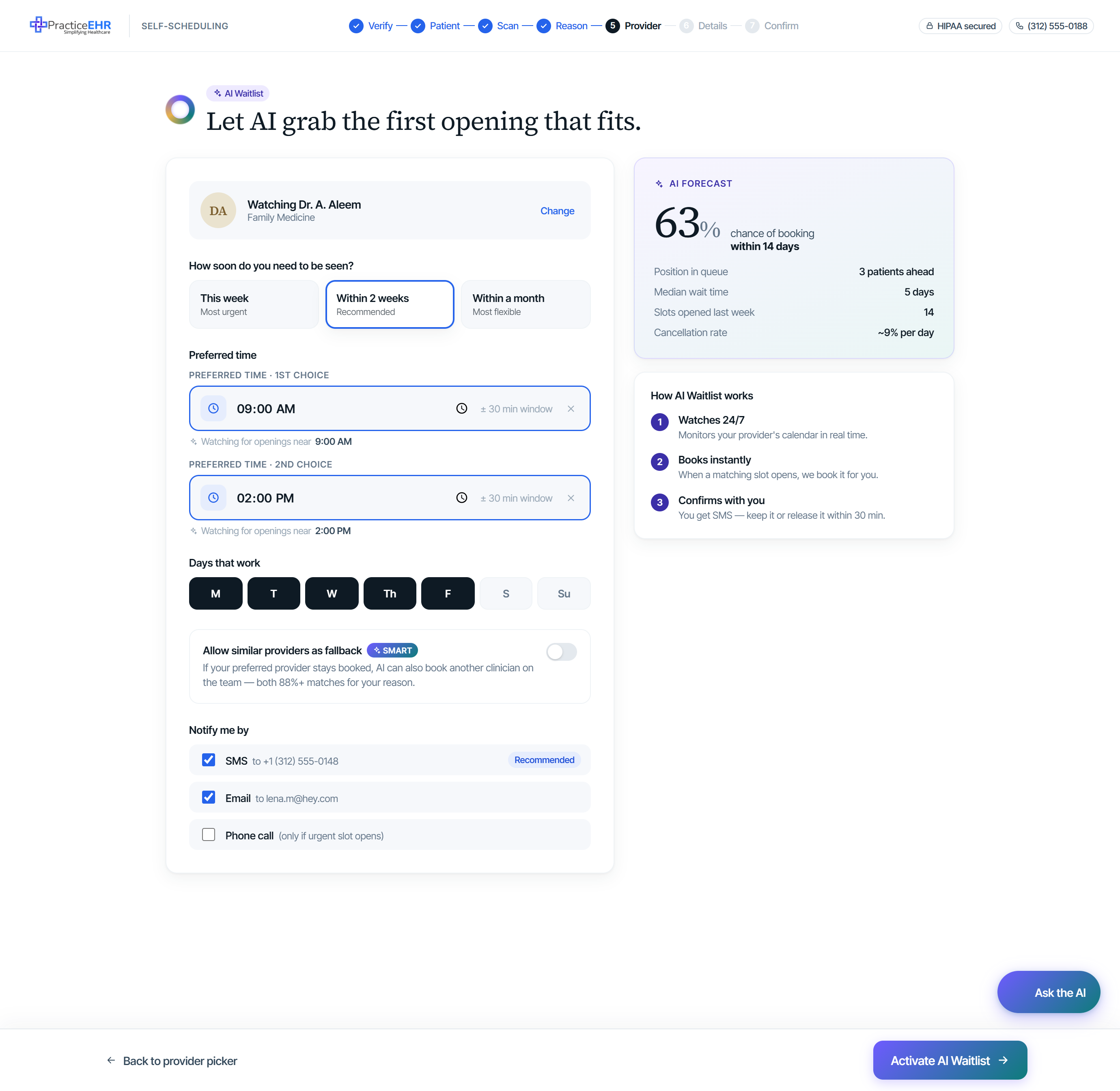 AI waitlist setup with date range, time pickers, and live forecast percentage