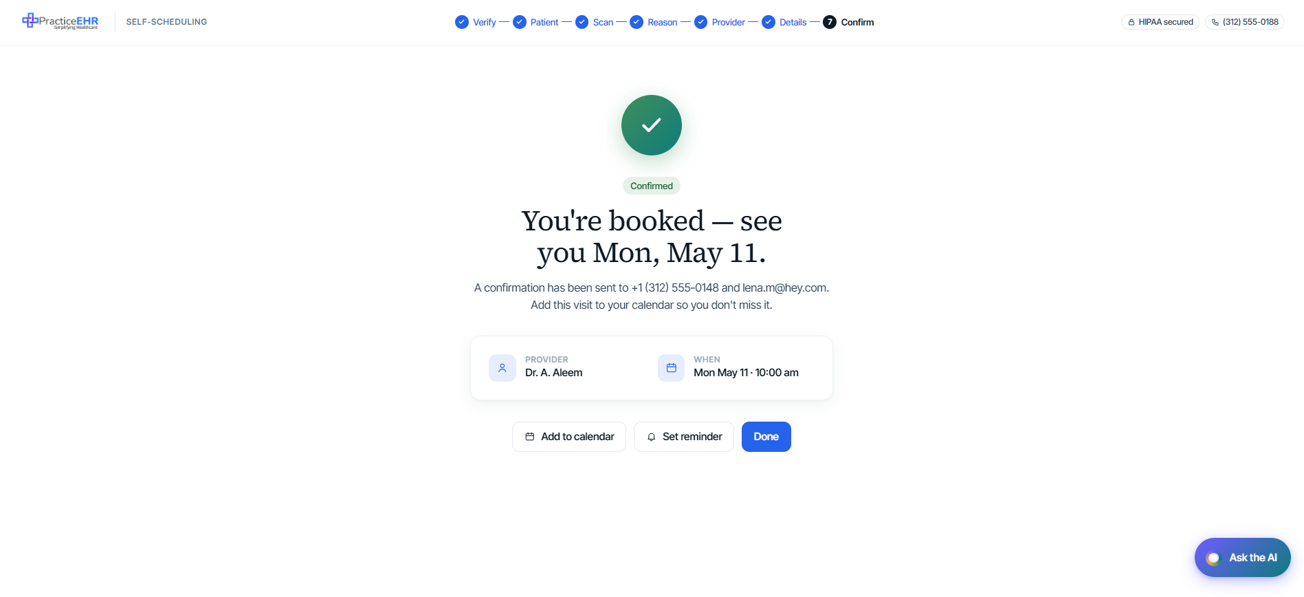 Success screen with green checkmark, confirmed status, and calendar/reminder actions